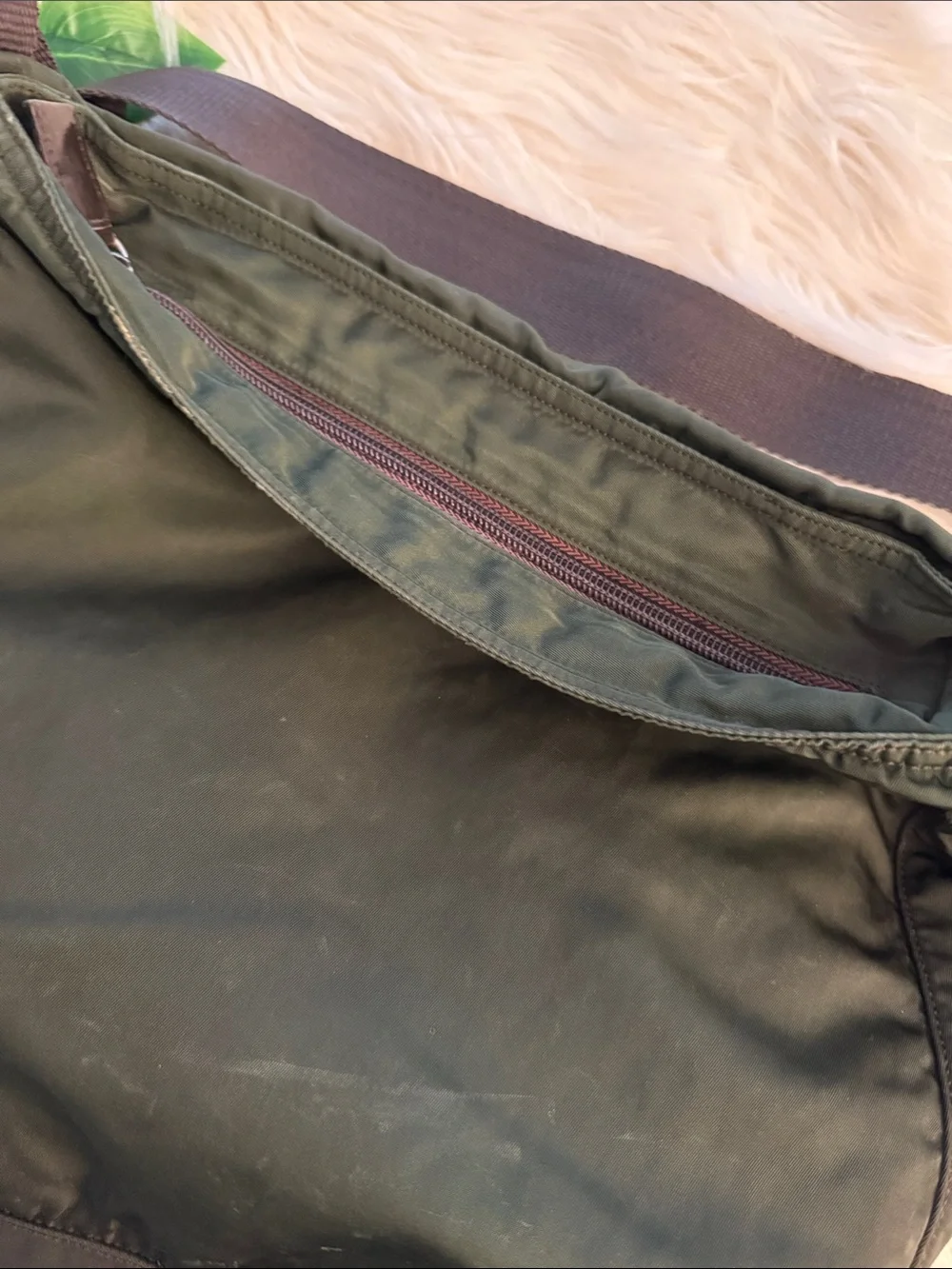 Prada Dark Green Nylon Messenger Bag with Black Strap